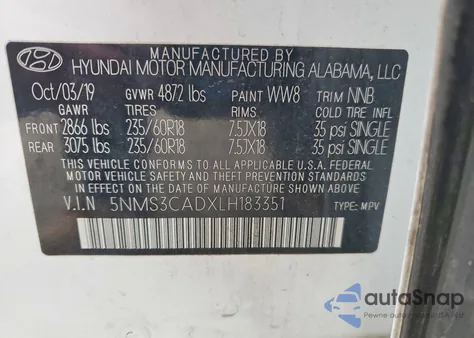 2020 Hyundai Santa Fe Sel из США, поврежденный, VIN 5NMS3CADXLH183351